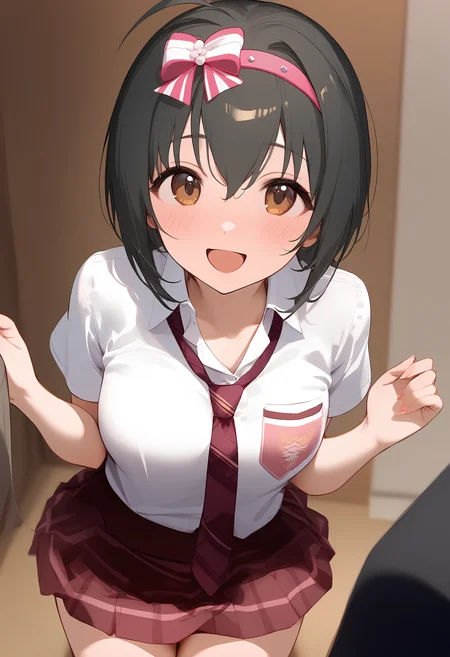 1girl,blush,kohinata miho,pink hairband,necktie,skirt,solo,open mouth,looking at viewer,bow,smile,hair bow,<lora:a31_char_new_kohinata_miho-000024:1>masterpiece, best quality, absurdres<lora:a31_style_koni-000010:0.8>
