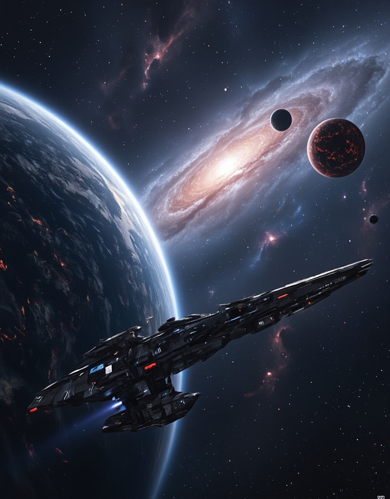 <lora:Space_Worlds_01__Poetic_fluxbeta4:1> sw01p_flux. between two huge detailed planets, one water planet and one lava planet, there is a huge space station. A distant star lights up the scene and there are some other very small planets in space. And a beautiful large nebula in the background.