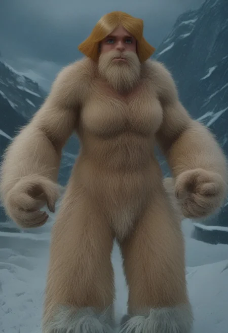 @brtlmss1, tall, muscular, thick limbs, large (kala:0.3) source_cartoon, cartoon_source, dark skin, yeti, bigsquatch, clover \(totally spies\), blonde hair, short hair, blue eye, on a mountain, blonde fur, female bigfoot, sasquatch, looking at viewer, breasts, sad gaze, detailed face, hairy body, detailed eyes, (detailed hands), detailed fingers, Shallow Depth of Field, hairy, FURRY BODY, yeti, (abominable snowman),  very big feet,  beard, covered in yellow fur,