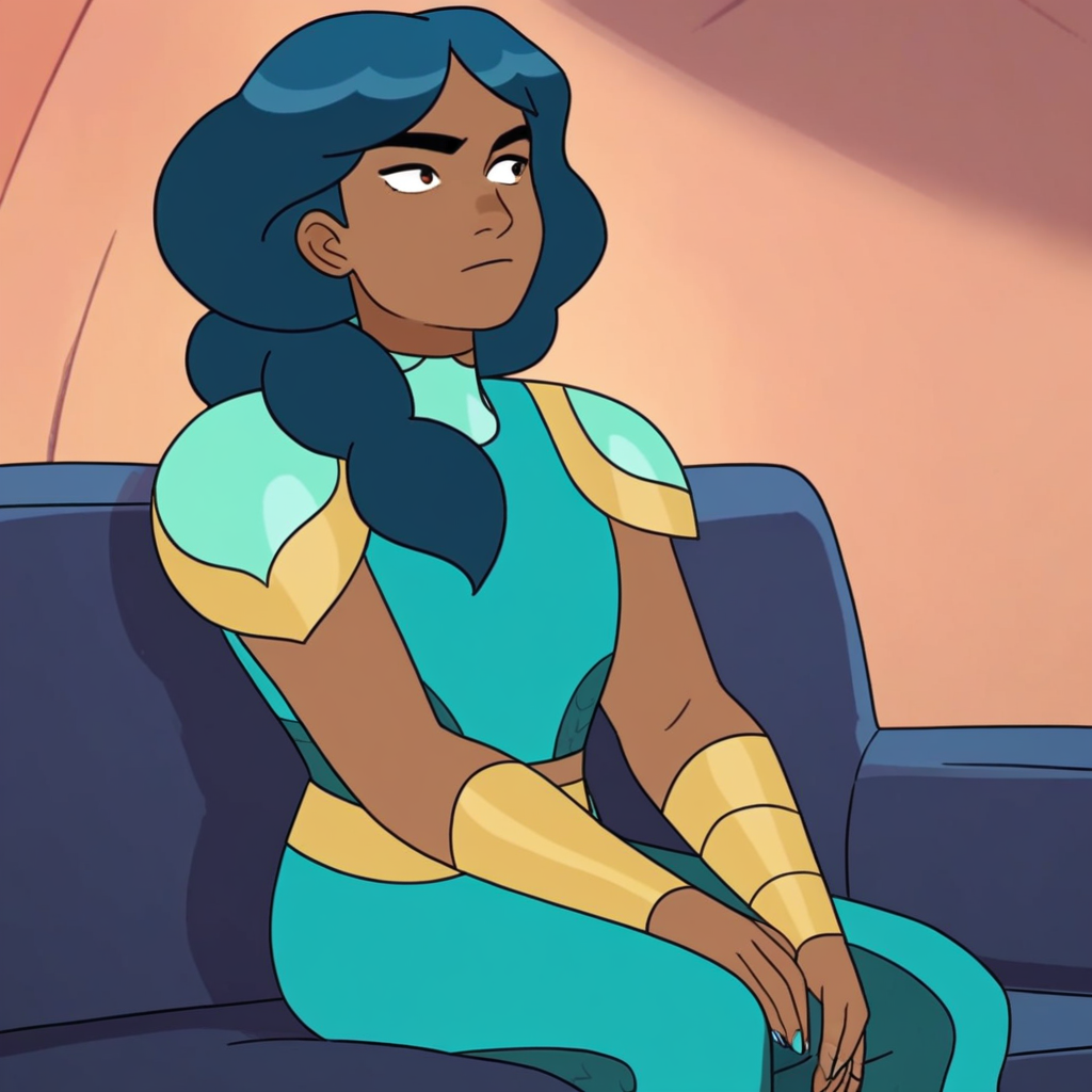 score_9, solo, mermista, long hair, blue hair, dark skin, dark-skinned female, armor, sitting, sofa