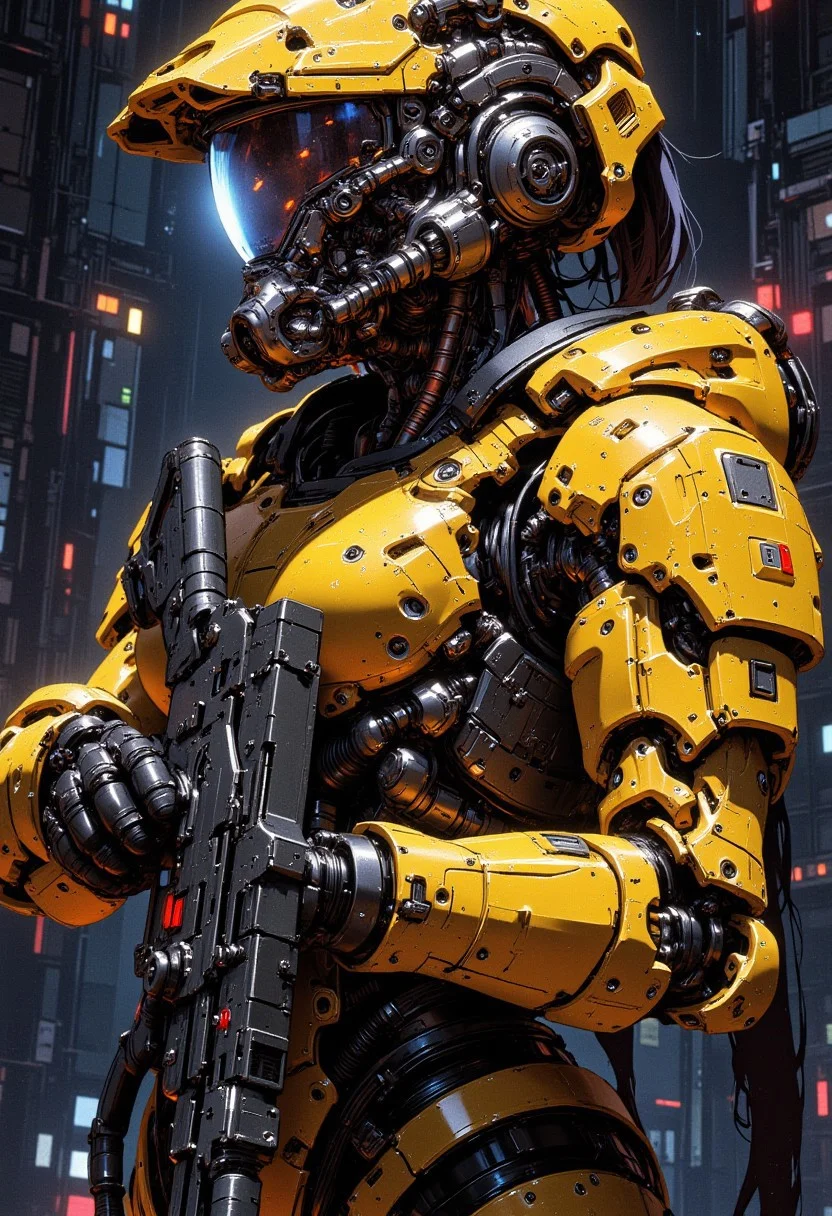 D4rkCyb3rDyn34n1m3 style, photorealistic image of a female space marine in yellow and black armour, helmet with a clear visor reflecting light, hyperdetailed helmet, holding an assault rifle, dark abstract background suggesting interior of spaceship