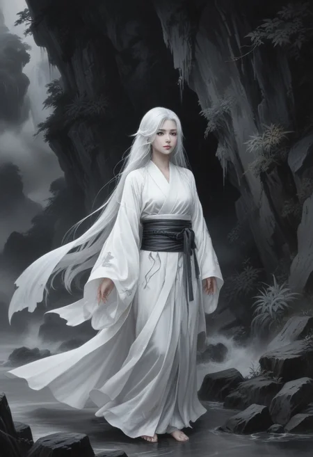 1girl, blond hair, looking away, sad, (surrounded by darkness):2.0, A traditional Japanese painting depicting a ghost. The ghost has a pale, ethereal appearance, with flowing white robes and long, silver hair. The gigantic cave has creating a somber and eerie atmosphere. The background is dark and misty, enhancing the ghostly and mysterious mood of the scene.,monochrome, greyscale, dark:3.0, white obi, white belt, white kimono, looking at viewer, happy smile