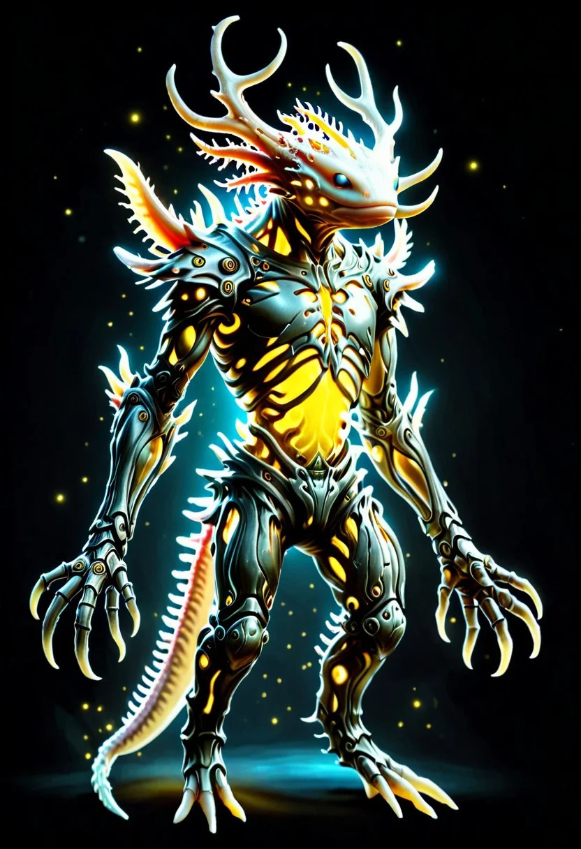hyper detailed masterpiece, dynamic, full body, (axolotl:1.1), Spriggan, DonMX3n0T3chXL, eerie, gloomy, decay, haunting, Ghost Mecha God, glowing, deer antler helm, bio cyborg, simple background, black background,
