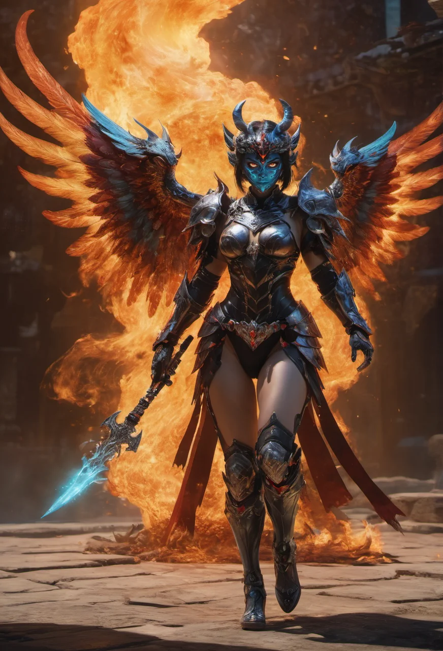 hyperdetailed photography,winxl,full body of a woman,full armor,with colorful shadow wings,oni mask,holding a weapon,ambient,epic,masterpiece,8k uhd,awardwinning,trending on artstation and deviant art,official art,private press,raw photo, <lora:winxl-step00000350:0.6>,magic particles floating in the air