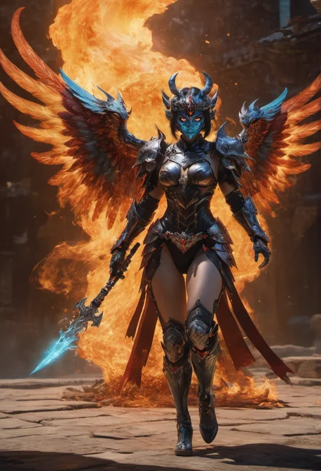 hyperdetailed photography,winxl,full body of a woman,full armor,with colorful shadow wings,oni mask,holding a weapon,ambient,epic,masterpiece,8k uhd,awardwinning,trending on artstation and deviant art,official art,private press,raw photo, <lora:winxl-step00000350:0.6>,magic particles floating in the air