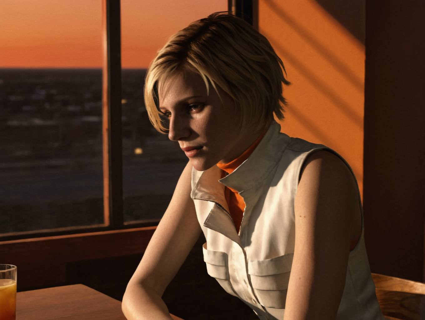 sh3heather, heather, white vest, closeup, a woman sitting at a table, blinds, window, restaurant, diner, shadows, sunset, orange light, realistic, volumetric lighting,  orange turtleneck, <lora:sh3heather:0.7>