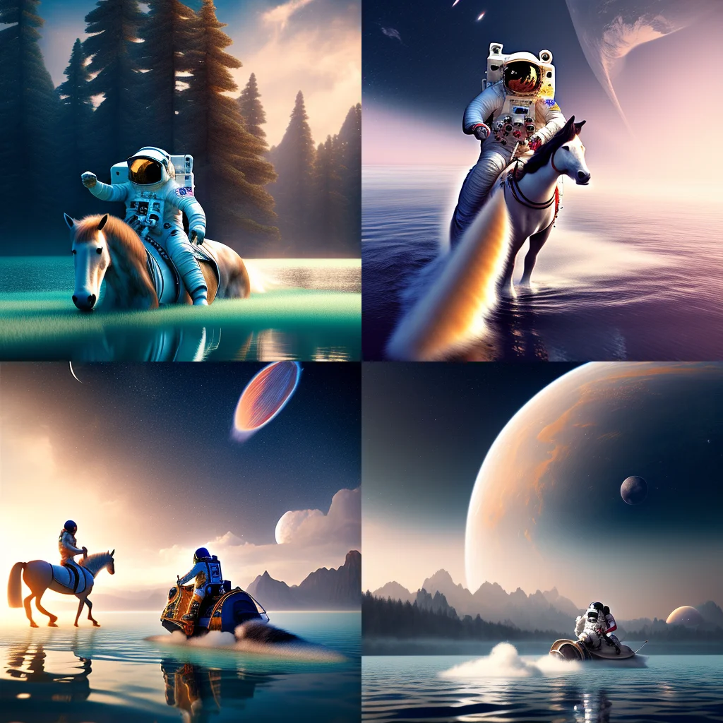 astronaut ridding a horse in a lake castle faraway in horizon, cartoona-animals
