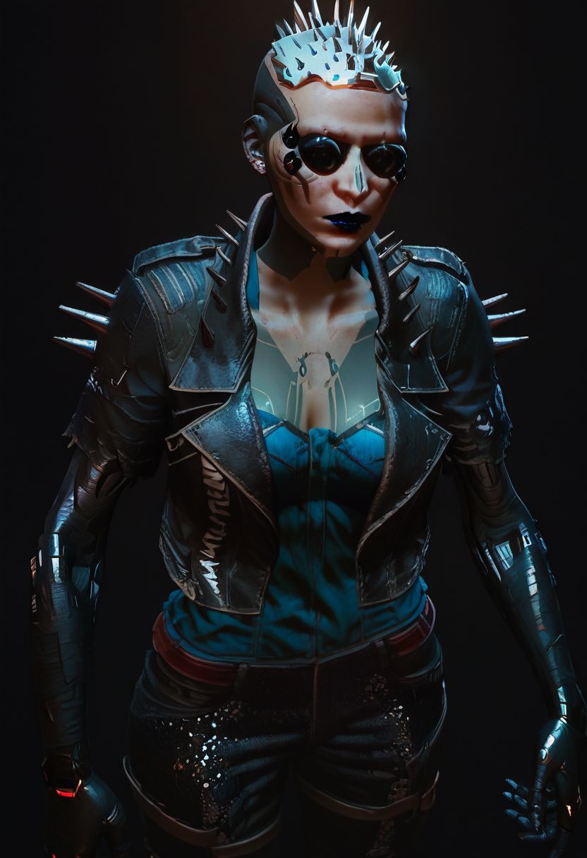 score_9, score_8_up,score_7_up, score_6_up, score_5_up, score_4_up, 
BREAK, 1girl, metal scalp with spikes, cybernetic spider eyes, matte black cybernetic arms, light skin, black block tattoos, glossy black lipstick, spiked leather jacket, black sequined pants, red and silver sneakers,
BREAK, portrait,
BREAK, aesthetic, wallpaper, high quality, upper body, bright colors, high contrast, dark background, vivid lighting, 
SkinHairDetail, OverallDetail, fHandDetail, Expressiveh, gwentstyle, concept art, realistic, dark theme, low light,