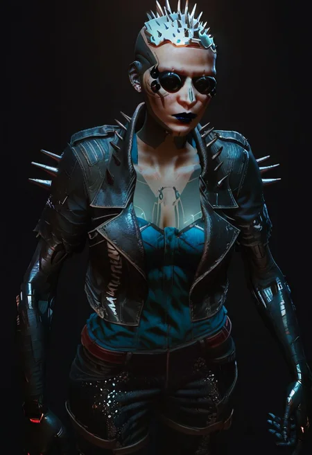 score_9, score_8_up,score_7_up, score_6_up, score_5_up, score_4_up,
BREAK, 1girl, metal scalp with spikes, cybernetic spider eyes, matte black cybernetic arms, light skin, black block tattoos, glossy black lipstick, spiked leather jacket, black sequined pants, red and silver sneakers,
BREAK, portrait,
BREAK, aesthetic, wallpaper, high quality, upper body, bright colors, high contrast, dark background, vivid lighting,
SkinHairDetail, OverallDetail, fHandDetail, Expressiveh, gwentstyle, concept art, realistic, dark theme, low light,