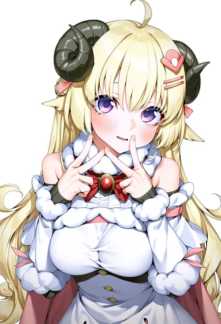 masterpiece, best quality, absurdres, uncensored,
dramatic lighting, rim lights, backlighting, bloom, white background,
BREAK
tsunomaki watame \(1st costume\),
1girl, solo, very long hair, half updo, blonde hair, braid, ahoge,
tareme, purple eyes, blush, parted lips, light smile, shy,
sheep girl, sheep ears, sheep horns, large breasts,
taut dress, white dress, black shorts, hairclip, hair ornament, red bowtie,
brooch, pink cape, detached sleeves, fur-trimmed cape, fur-trimmed sleeves,
looking at viewer, upper body, hands on own chest, head tilt, double v,
<lora:Zhao190-P3v1-NbVp10:1>,