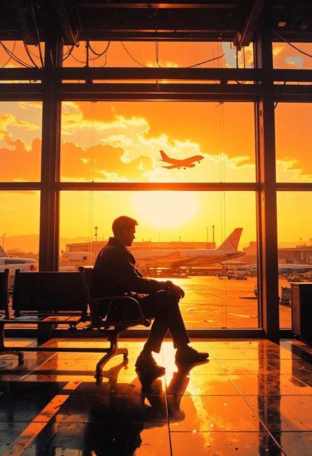serene moment during golden hour, focusing on a solitary figure sitting on an airport bench, background features a large window showing a plane on tarmac under a vast, amber-tinted sky, natural light floods scene, casting long, warm shadows and highlighting reflective surfaces around seated figure, appears lost in thought, gazing out at horizon