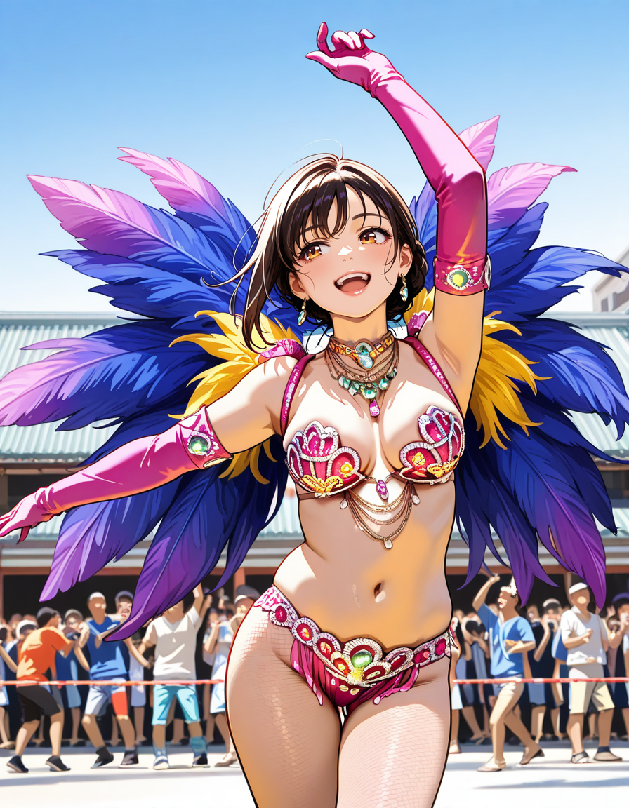 score_7_up, anime BREAK official art, 
<lora:Asakusa_Samba_Carnival:1>, Asakusa Samba Carnival, 
people, solo focus, navel, smile, feathers, jewelry, 1girl, elbow gloves, gloves, day, arm up, outdoors, medium breasts, revealing clothes, earrings, lips, open mouth, necklace, sky, samba costume, dancing, fishnets, revealing clothes, 
(masterpiece:1.3), best quality, high resolution, unity 8k wallpaper, extremely detailed CG, 8K, (watercolor \(medium\), muted color, sketch:1.1), perfect anatomy, highly finished, masterpiece, best quality, high quality, amazing quality, great quality, very aesthetic, ultra detailed, highres, absurdres, highly detailed, highly detailed background,