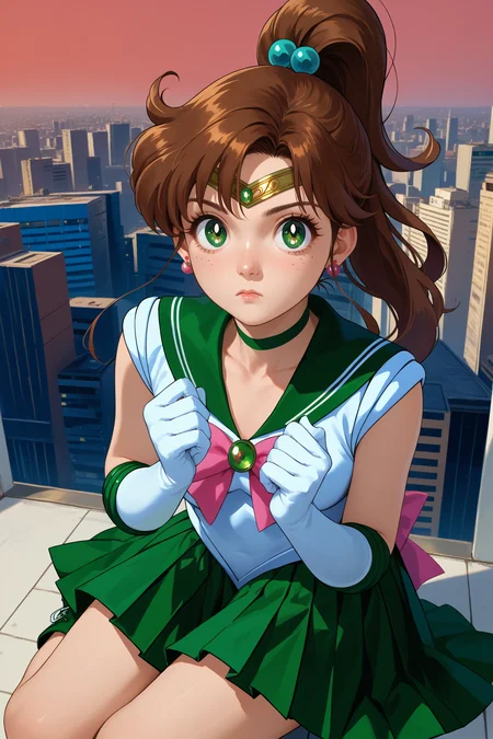 score_9, score_8_up, score_7_up, score_6_up, source_anime, 1girl, solo, <lora:sailorjupiter-pdxl-nvwls-v1-000004:1> slrjup, brown hair, high ponytail, green eyes, hair bobbles, earrings, circlet, choker, white shirt, sleeveless, green sailor collar, white leotard, pink bowtie, brooch, green skirt, pleated skirt, white gloves, elbow gloves, looking up, looking at you, concerned, red sky, city, full body, green boots, hands on own chest