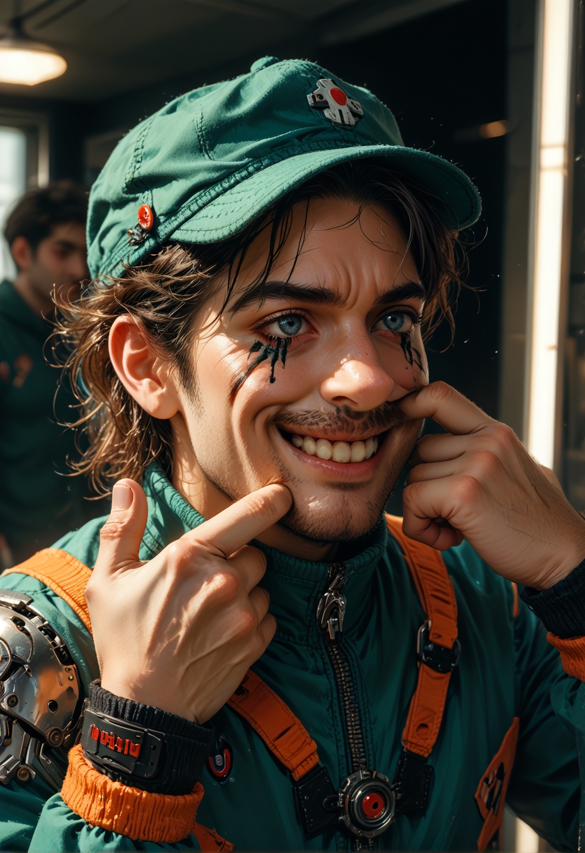 score_9,score_8_up,score_7_up,embedding:zPDXL2, film grain,Cinematic Lighting,colorful, 1boy, green_hat,mirror, from_behind, from_above, forced smile, mouth pull, fingersmile, makeup, clown nose, runny makeup, cyborg, bodysuit, headgear, beard, teeth,<lora:增强\(收藏)\sdxl_lightning_8step_lora.safetensors:1.0:1.0> <lora:增强\(收藏)\Midjourney mimic 2.0.safetensors:0.2:0.2> <lora:(风格)\Photo 2 Style SDXL_LoRA_Pony Diffusion V6 XL.safetensors:0.2:0.2> <lora:增强\(收藏)\Midjourney mimic 1.2.safetensors:0.6:0.6> <lora:(风格)\(收藏)\fiasco_A1.safetensors:0.6:0.6> <lora:(风格)\(收藏)\unholy-000009.safetensors:0.2:0.2> <lora:JokersForcedSmile_pdxl_Incrs_v1.safetensors:0.8:0.8>