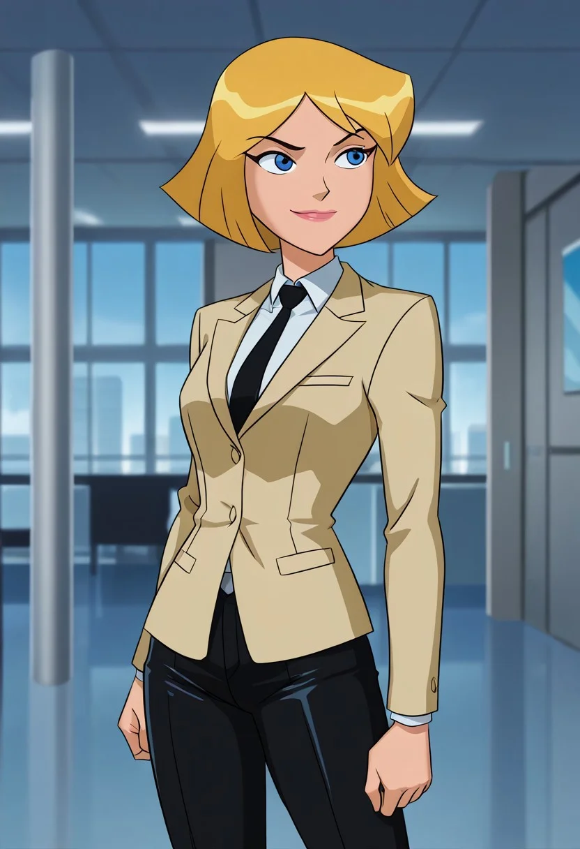 masterpiece, best quality, good quality, 1girl, solo, parody, official style, clover_totally_spies, short hair, blonde hair, blue eyes, dress shirt, black tie, black pants, jacket, solo, office, up, gentle smile, standing, depth of field, sexy,