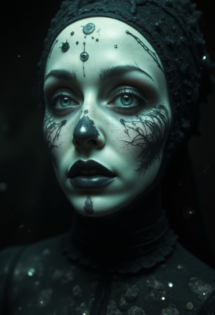 midjourneyv6.1, 0ccu1t, dark, shadow, distorted, grainy, film grain, Victorian, Ultra-realistic close-up of a futuristic humanoid hybrid, merging alien and human traits. The face features a multi-layered transparent headdress that integrates seamlessly with the anatomy. Biomechanical patterns reminiscent of H.R. Giger flow across the surface, with pulsating veins and circuitry visible beneath the pearlescent skin, shifting between iridescent blues and greens under dramatic lighting.
Large, almond-shaped eyes with compound structures reflect otherworldly intelligence, while multiple pupils create a mesmerizing effect. The nose is nearly absent, replaced by gill-like sensory organs, and the small, lipless mouth reveals metallic teeth and a bioluminescent tongue.
The elongated neck is adorned with translucent rings, blending organic and technological elements. The background is a deep cosmic black, dotted with stars and nebulae, enhancing the alien aesthetic. Shadows accentuate the being's intricate features, and the image captures insane detail, with every pore and circuit rendered with breathtaking clarity. Shallow depth of field focuses on the face, while cinematic lighting casts an ethereal glow, emphasizing its otherworldly beauty and complexity.