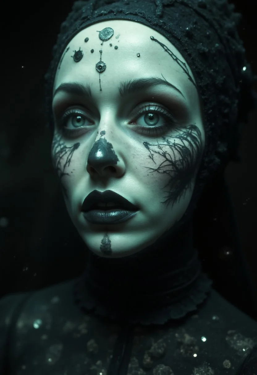 midjourneyv6.1, 0ccu1t, dark, shadow, distorted, grainy, film grain, Victorian, Ultra-realistic close-up of a futuristic humanoid hybrid, merging alien and human traits. The face features a multi-layered transparent headdress that integrates seamlessly with the anatomy. Biomechanical patterns reminiscent of H.R. Giger flow across the surface, with pulsating veins and circuitry visible beneath the pearlescent skin, shifting between iridescent blues and greens under dramatic lighting.
Large, almond-shaped eyes with compound structures reflect otherworldly intelligence, while multiple pupils create a mesmerizing effect. The nose is nearly absent, replaced by gill-like sensory organs, and the small, lipless mouth reveals metallic teeth and a bioluminescent tongue.
The elongated neck is adorned with translucent rings, blending organic and technological elements. The background is a deep cosmic black, dotted with stars and nebulae, enhancing the alien aesthetic. Shadows accentuate the being's intricate features, and the image captures insane detail, with every pore and circuit rendered with breathtaking clarity. Shallow depth of field focuses on the face, while cinematic lighting casts an ethereal glow, emphasizing its otherworldly beauty and complexity.