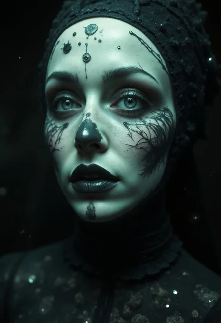 midjourneyv6.1, 0ccu1t, dark, shadow, distorted, grainy, film grain, Victorian, Ultra-realistic close-up of a futuristic humanoid hybrid, merging alien and human traits. The face features a multi-layered transparent headdress that integrates seamlessly with the anatomy. Biomechanical patterns reminiscent of H.R. Giger flow across the surface, with pulsating veins and circuitry visible beneath the pearlescent skin, shifting between iridescent blues and greens under dramatic lighting.
Large, almond-shaped eyes with compound structures reflect otherworldly intelligence, while multiple pupils create a mesmerizing effect. The nose is nearly absent, replaced by gill-like sensory organs, and the small, lipless mouth reveals metallic teeth and a bioluminescent tongue.
The elongated neck is adorned with translucent rings, blending organic and technological elements. The background is a deep cosmic black, dotted with stars and nebulae, enhancing the alien aesthetic. Shadows accentuate the being's intricate features, and the image captures insane detail, with every pore and circuit rendered with breathtaking clarity. Shallow depth of field focuses on the face, while cinematic lighting casts an ethereal glow, emphasizing its otherworldly beauty and complexity.
