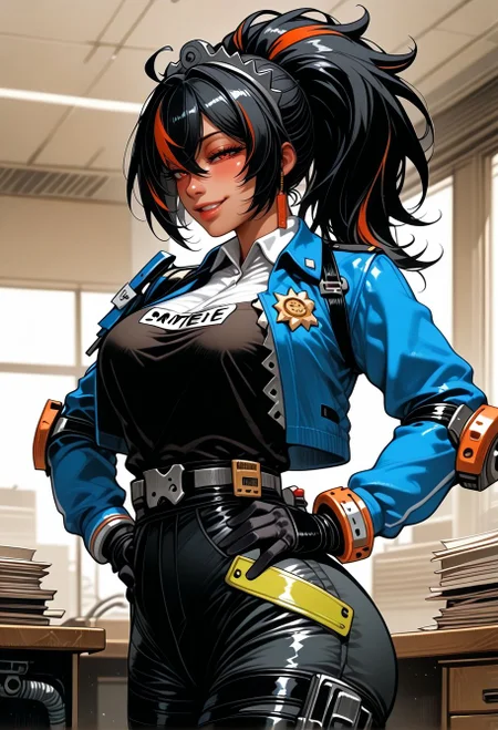 Smooth_Quality, zhu yuan, 1girl, ponytail, large breasts, looking at viewer, bangs, jacket, gloves, black gloves, pants, blue jacket, both hands on hips, cowboy shot, office, desk, seductive smile, half-closed eyes, detailed eyes, looking at viewer, <lora:Mature_Comics_Style_-_NoobAI:1>