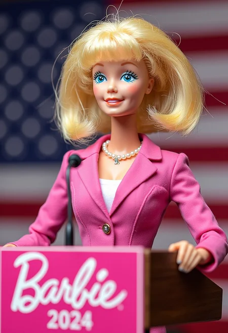 Highly detailed, hyper-realistic portrait of Barbie with pink business suit and pearl necklace, standing at a speaking podium, American flag behind her, lower third campaign logo says "Barbie 2024".