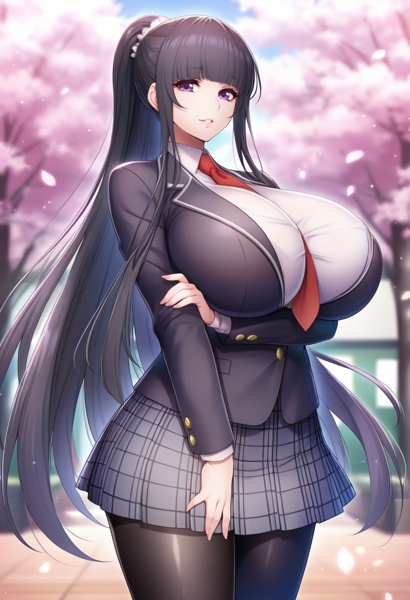 masterpiece, best quality, amazing quality,tomoe tajika, purple eyes, black hair, long hair, blunt bangs, ponytail, mature female,1girl, breasts, solo,huge breasts, gray skirt,school uniform, black jacket, black pantyhose, white shirt, pleated skirt, red necktie,long sleeves, collared shirt, plaid skirt, parted lips, light smile, standing,looking at viewer, cowboy shot, blurry background, outdoors, school, cherry blossom <lora:tomoe tajikaV1:0.9>