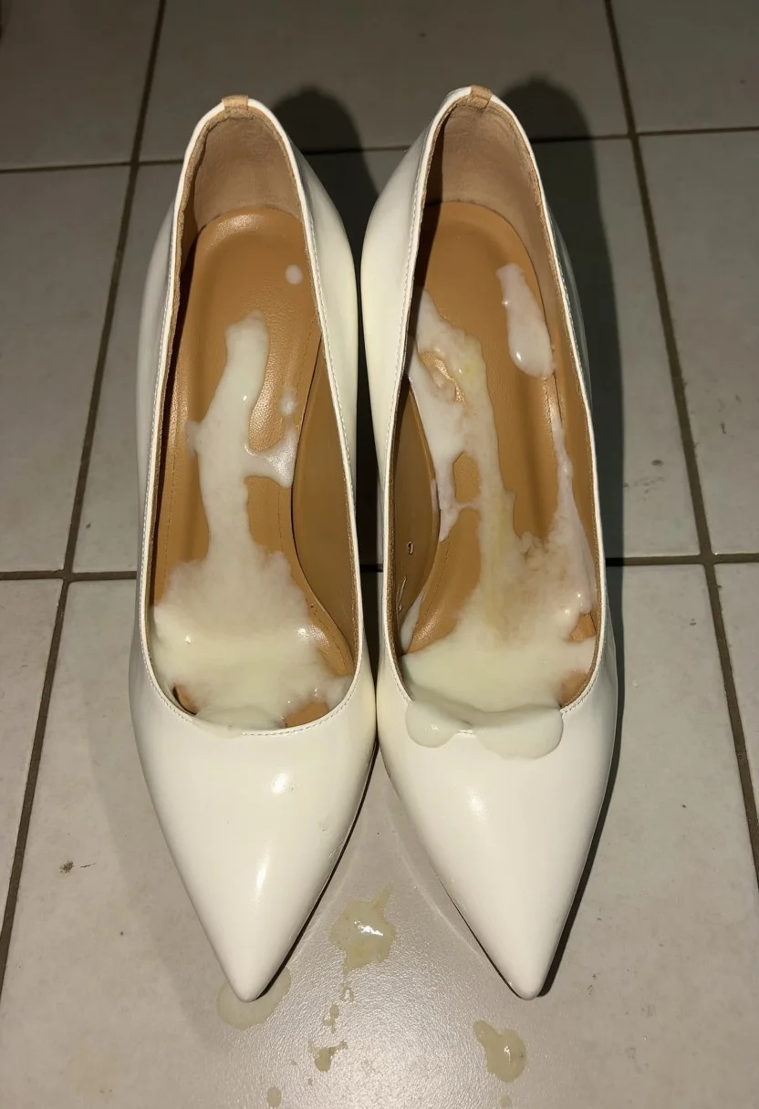 The image is an iPhone raw photo of a pair of cum soaked high heels. The heels are white lether with a glossy finish, featuring a pointed toe design and a stiletto heel, The cum is massive, thick, and white, dripping down the side of the shoes, pooling at the base, and creating a sticky, glossy texture. The shoes are placed inside restroom tiled floor, with very dim lighting.