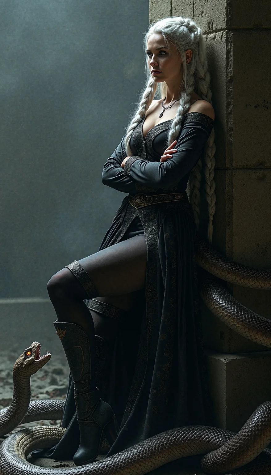 The Serpent Empress leans casually against a shadowed wall, one leg bent slightly, her arms crossed. Her silver braid falls over her shoulder, contrasting with her dark, detailed attire. Serpents coil around her, their scales glistening in the soft light, eyes glowing ominously. The misty, textured background adds depth, with photorealistic shadows accentuating the lifelike quality of her pose and the surrounding serpents.