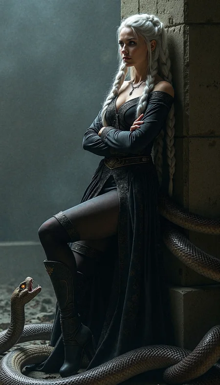 The Serpent Empress leans casually against a shadowed wall, one leg bent slightly, her arms crossed. Her silver braid falls over her shoulder, contrasting with her dark, detailed attire. Serpents coil around her, their scales glistening in the soft light, eyes glowing ominously. The misty, textured background adds depth, with photorealistic shadows accentuating the lifelike quality of her pose and the surrounding serpents.