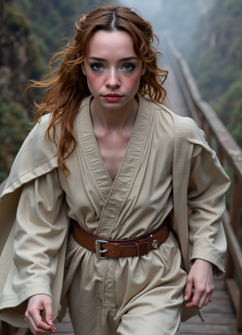 SFW, brightly lit, aidmaimageupgrader, A hyper-realistic, photorealistic close-up portrait of a woman in a Jedi outfit, crossing a wooden bridge with determination. She wears a well-fitted, traditional Jedi robe with a high-collared tunic, layered with a long, flowing outer cloak that billows slightly as she moves. The ensemble is made of textured fabric in earthy, neutral tones, embodying the timeless wisdom and strength of a Jedi. A utility belt secures the tunic, adding authenticity to the look while ensuring practicality.  Her expression is focused, her eyes filled with quiet intensity as she moves forward with purpose. Dramatic lighting casts soft highlights and shadows across her face, emphasizing her determined expression. The setting is cinematic, with a shallow depth of field blurring the background, drawing attention to her dynamic presence. The wooden bridge beneath her feet creaks slightly, suspended over a misty forest or canyon, enhancing the adventurous atmosphere.  The image captures energy and movement, with fine details in her clothing, facial features, and the play of light and shadow, creating a striking, high-resolution, photorealistic portrait that embodies the essence of a warrior on a mission.<lora:pony\Letha_Weapons_Pony_-_Adult_Actress_and_Model.safetensors:1.0:1.0> <lora:flux\custom\personal\emmy-speens.safetensors:1.0:1.0> <lora:turbo-8-step-flux.safetensors:0.5:0.5> <lora:flux\style\Common\aidmaImageUprader-FLUX-v0.3.safetensors:0.25:0.25>