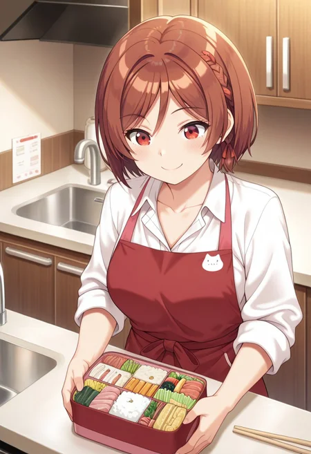 masterpiece,best quality,amazing quality, sakuramori akane, short hair, brown hair, red eyes, 1girl, solo, apron, shirt, smile, white shirt, chopsticks, hair ornament, red apron, kitchen, sink, bento, collared shirt, collarbone
