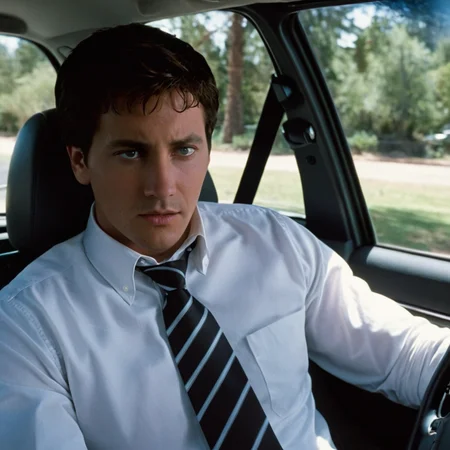 <lora:add-detail-xl:1>
<lora:detailed:0.3>
<lora:perfection style:0.3>
<lora:xl_more_art-full_v1:0.3>
<lora:Donnie Darko film style:1>
dad a man in a tie driving a car,solo,shirt,long sleeves,1boy,white shirt,male focus,necktie,collared shirt,tree,facial hair,ground vehicle,motor vehicle,watch,realistic,wristwatch,driving,car interior,steering wheel , cinematic, film, Donnie Darko film style