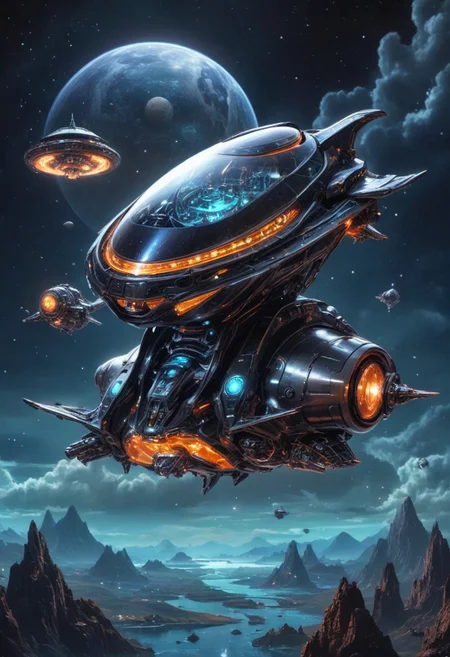 "ultra-detailed graphic novel illustration of a fantasy landscape,
aerial view of a scenery,
(black-steel:1.1) alien space-base-flying-sauser in clouds, neon lights on flying-sauser, mountains sea below,
BREAK,
MASTERPIECE, BEST QUALITY, HIGHLY-DETAILED, INTRICATE DETAILS,
HIGH-RES, 4K, SHARP FOCUS, SMOOTH SHADING,
scifi, Revelation Space series, Pattern Jugglers, Nostalgia for Infinity, black and orange ocean planet, Scorp the hyperpig, Conjoiner settlements, with such advanced technology that it might as well be magic,
A sleek, titanium-hulled spaceship, dubbed 'Warp Drive Vessel,' hurtles through the cosmos with a streamlined design and industrial-inspired flair. Mud flaps on its underside add a rugged touch to its otherwise polished appearance, glistening under the soft glow of nearby stars."