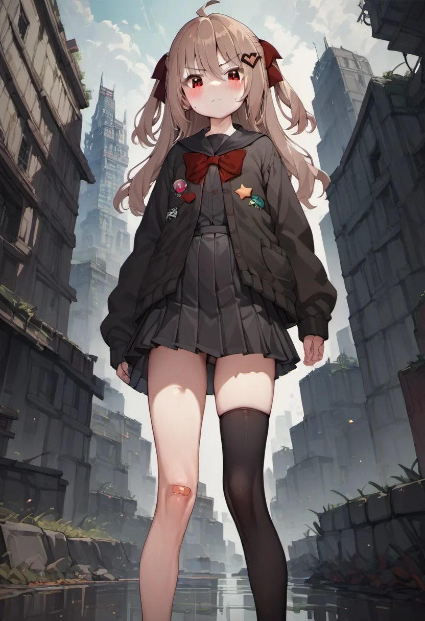 <lora:Neuro-Sama_for_PonyXL:1>, evil_outfit, solo, outdoors, looking at viewer, closed mouth, blush, standing, building, feet out of frame, score_9, score_8_up, score_7_up, score_6_up, score_5_up, score_4_up