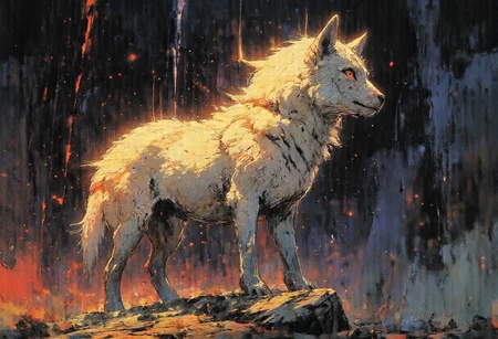 A majestic white wolf with piercing red eyes that seem to glow from an inner fire, standing proudly in a serene pose against a velvety black backdrop. Its fur is a canvas of the cosmos, adorned with glittering stardust that dances and shimmers with each subtle movement, giving off an ethereal glow that pierces the darkness. The wolf's head is gracefully tilted to the right, as if it has caught the whisper of a celestial secret, while one ear stands tall, eager to hear more. The anime-inspired style infuses the creature with a captivating mix of innocence and wisdom, its features meticulously detailed to showcase the sharpness of its snout, the softness of its expression, and the elegance of its posture. The stardust adorning its body is not merely a static embellishment but appears to be alive, flickering and sparkling as if each mote is a distant star caught in its fur. The lighting is masterfully applied, casting flickering shadows and highlights that add depth and dimension, enhancing the mystical aura that surrounds the wolf. This digital artwork captures a moment of silent contemplation and otherworldly beauty, inviting viewers into a realm where the boundaries between earthly creatures and cosmic entities blur, leaving one to wonder if this creature is a spirit from the heavens or a mythical guardian of the night.