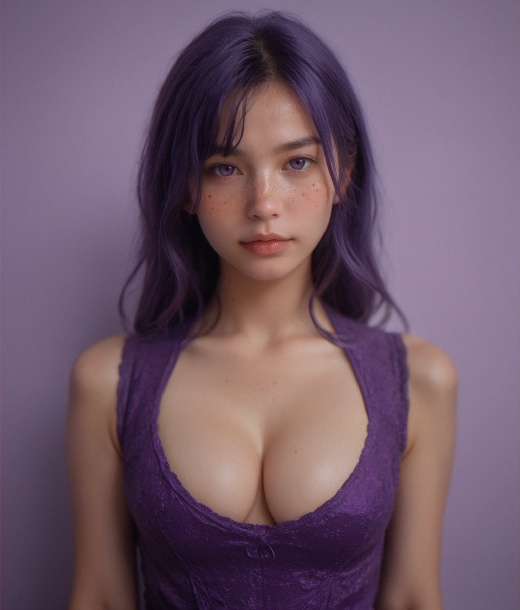 (score_9,score_8_up,score_7_up),
photorealistic, photography, depth of field, cinematic,
looking at viewer, freckles,
purple theme, purple background, purple room, purple dress, purple trousers, purple hair, purple eyes, cleavage,