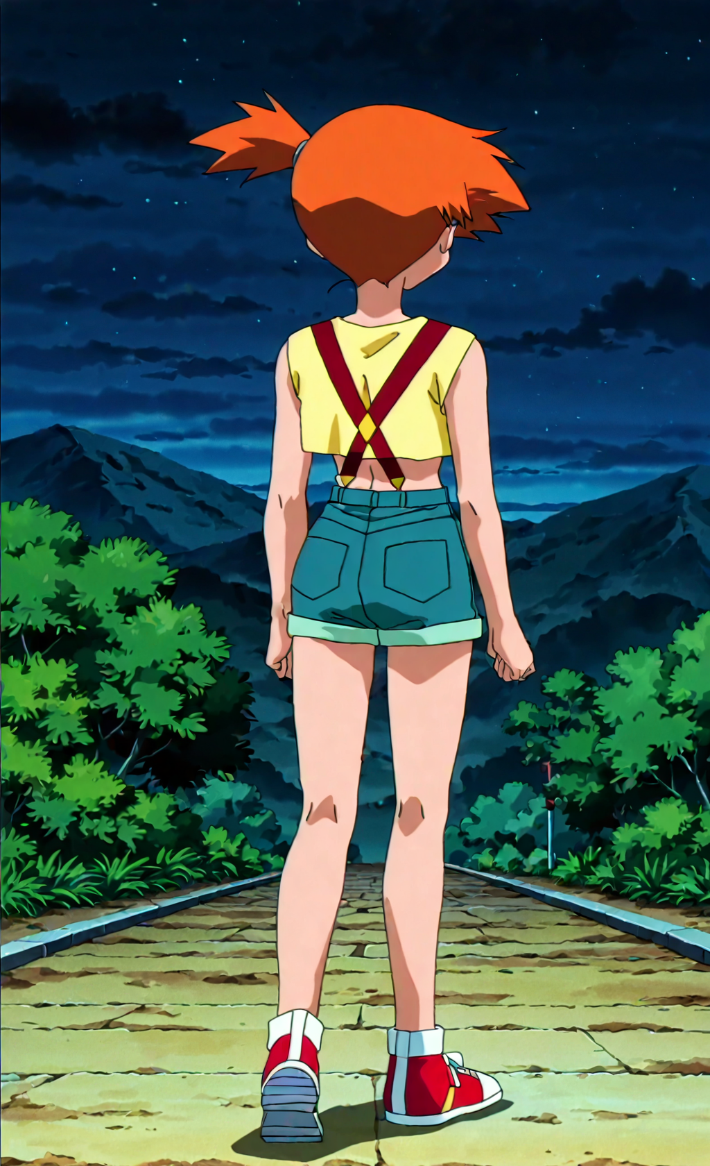 score_9, score_8_up,score_7_up, source_anime, retro artstyle 1990s (style), anime screencap, 1girl, solo, mistypkm, misty, kasumi, pokemon, orange hair, side ponytail, suspenders, shirt, denim, shorts, red shoes, <lora:MistyPkmv2:1> from behind,