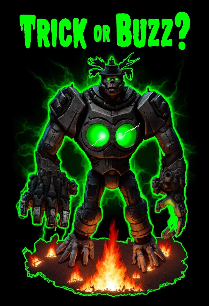 freddy fazbear, halloweentech, scifi, supernatural green, spooky, colossal battle mech , destruction, lightning bolt eyes, perfect text title style "Trick or Buzz?",