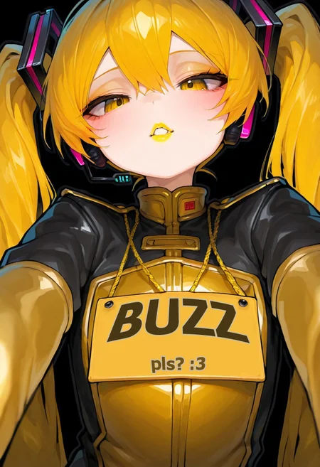 solo, 1girl,long sleeves, (hatsune miku), (yellow hair, yellow eyes, yellow lipstick, gold clothing, golden clothing:1.4), black background, solid black background, neko miku (fortnite), 748cmstyle, by Syuro, Syuro, (heavy outline:1.4), dynamic pose, pov, fish eye lens, torso up, face focus, (large sign, sign on chest, sign necklace, sign), hansei_b, ((LARGE TEXT, "BUZZ")), (small text, "pls? :3")