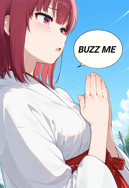 (white speech bubble,english text,talking, BUZZ ME:1.2),great quality,(almic,akakura,ogipote:0.8),1girl,solo,day,hands on chest,palms together,praying,miko,white kimono,red hakama,upper body,face close-up,:o,sad,red hair,medium hair,wind,dynamic angle,shadow,, out of frame,,from side,tearing,tear drop,crying