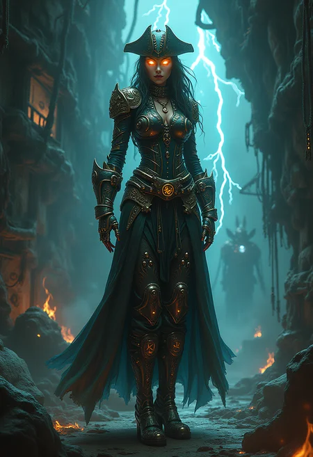 piratepunk style, cyborg pirate sorceress stands at the center of a dark, mystical vortex, her intricate patterned traditional pirate armor glowing with an otherworldly energy as it covers all her flesh from her neck to her boots. Her eyes dimly blaze with an inner fire as she summons an ancient, powerful magic, the air around her crackling with electricity and mystical energy. The background is a deep, belly of a pirate ship, shadowy spirits emerging from a mysterious fog like specters from the depths of the underworld. Mythical runes seem to hang in the air, pulsing with a malevolent energy that hints at the dangers lurking in the sorceress's path. The overall effect is one of dark, futuristic fantasy, with a sense of magic and mystique that's both captivating and unsettling.
style of Chris Cold , . swashbuckling and adventurous aesthetic with pirate-inspired elements, high-tech machines, and futuristic technology, robotpunk style . robotic and mechanized aesthetic with artificial and synthetic elements, futuristic technology, and augmented cybernetic enhancements, mythpunk style . mythological and legendary aesthetic with magical elements, otherworldly inspirations, and futuristic technology