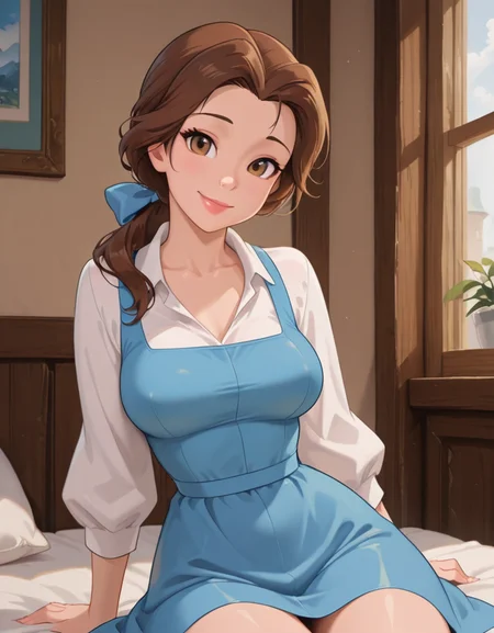 masterpiece, best quality, amazing quality, very aesthetic, absurdres, newest, detailed background, cowboy shot, 4k, 8k,
bellexd, 1girl, brown eyes, brown hair, solo, sitting, looking at viewer, dress, shirt, blue dress, white shirt, large breasts, bow, indoors, hair bow, smile, long sleeves, lips, blue bow, medium breasts, collared shirt, long hair, collarbone
<lora:Bella:1>
