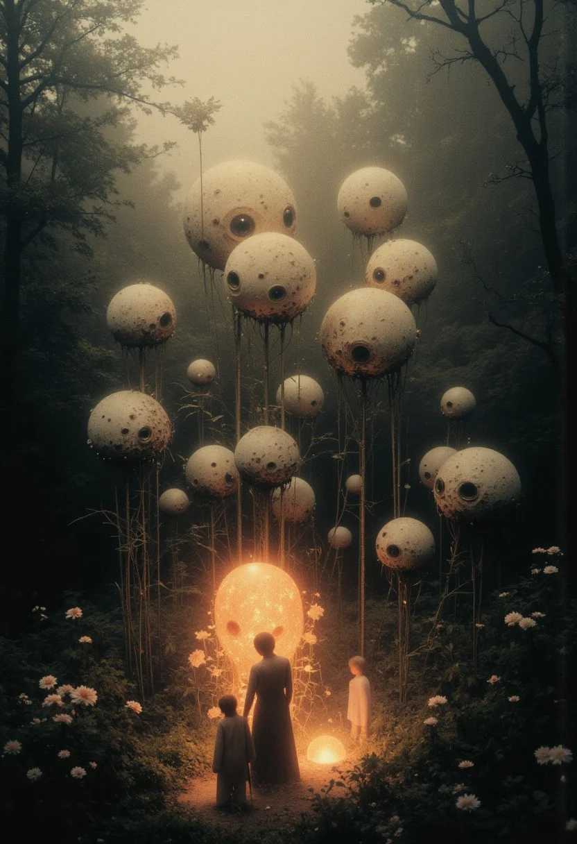 An enigmatic composition bathed in soft, diffused light, blending whispers of surrealism and melancholia. The scene unfolds in a cinematic atmosphere where subtle textures and delicate grains add depth, while the interplay of light and shadow enhances the quiet intensity of the moment. A subdued color palette merges with ethereal haze, evoking a dreamlike quality and timeless stillness. The central subject –Numbered tiny organic objects with dim voids scatter amidst clear air, their sturdy bases concealed by seamless coverings. Opposite them lies a group of illuminated figures wrapped in radiance, the vibrant dark sharpening vivid highlights. The crisp surroundings and saturated hues diminish the dynamic clarity, sharpening the connection between vitality and weakness, evoking a loud yet trivial unity.– is delicately framed, their presence balanced between mystery and intimacy. Surrounding elements, rich in symbolic undertones, anchor the narrative in an otherworldly context. Organic details like softly swaying flora or faintly glowing surfaces contrast with stark, haunting figures, creating a juxtaposition that is both poignant and surreal. The composition invites introspection, with negative space amplifying the mood's resonance. Every detail, from the atmospheric depth to the muted highlights, serves to craft an image that feels suspended in an emotional, poetic realm, steeped in quiet nostalgia.
surreal style