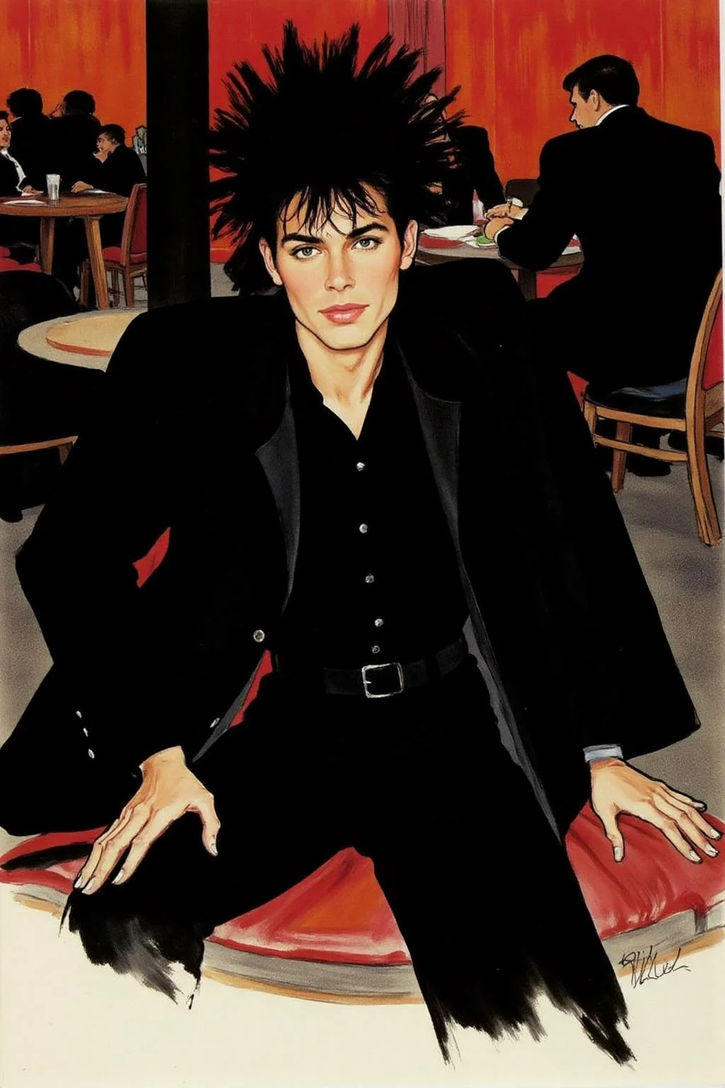 regr1 sketch of a black-haired man seated in a dimly-lit restaurant. He is dressed in a dark-colored jacket and pants, his hands resting on his lap. The man's face is adorned with a spiky haircut, adding a pop of color to the otherwise monochromatic scene. The restaurant is filled with people, their tables and chairs visible in the background. <lora:regr1_fashion_nocap_d6a3:1.0><lora:807308115100845083:0>