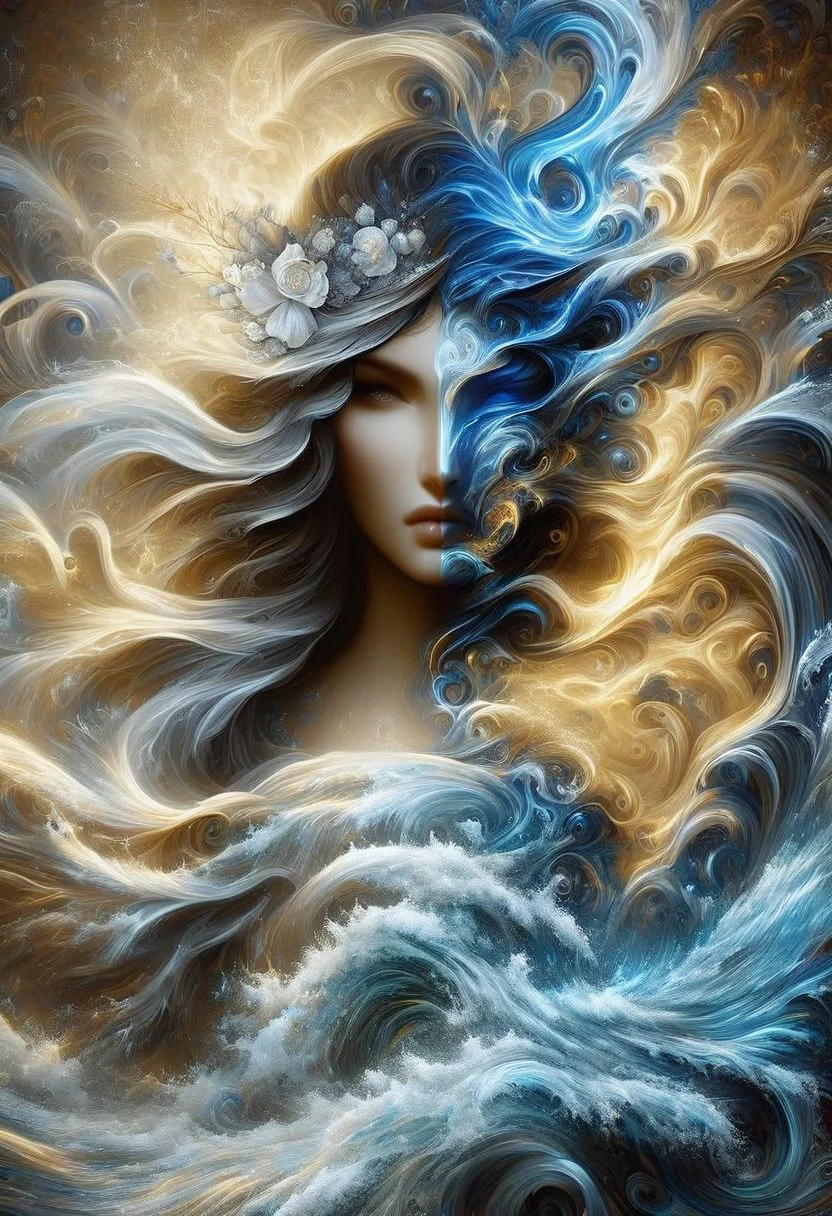 Highly detailed, left hand side white/right hand side water /blue/white/ waves flowing water, highly cinematic, close-up image of a goddess of water, perfect composition, beautiful colours, water, flowing water ocean, cold colours, lots of details, water flowers, metallic ink, beautifully lit, a fine art painting by drew struzan and karol bak, gothic art, dark and mysterious, ilya kuvshinov, russ mills