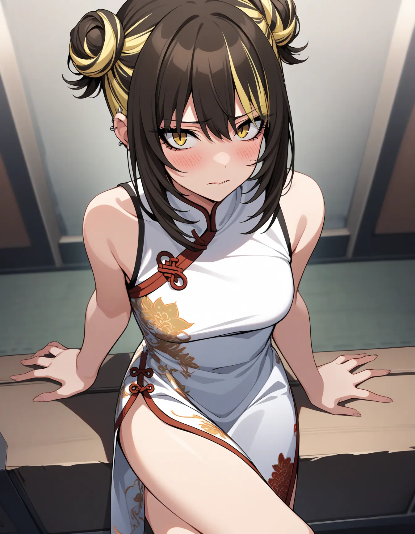 l_ikaruga, 1girl, solo, blonde hair, yellow eyes, (blush, embarrassed:1.2), parted lips, multicolored hair, looking at viewer, bangs, black hair, hair between eyes, two-tone hair, colored inner hair, medium hair, indoor, closed mouth, cowboy shot, white chinese clothes, china dress, bare shoulders, double hair bun, sitting, crossed legs, from above
masterpiece, best quality, very aesthetic, absurdres
<lora:l_ikarugaXL_animagine:1>