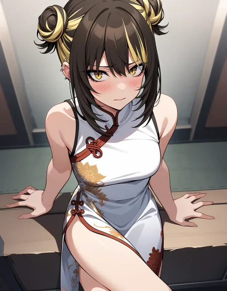 l_ikaruga, 1girl, solo, blonde hair, yellow eyes, (blush, embarrassed:1.2), parted lips, multicolored hair, looking at viewer, bangs, black hair, hair between eyes, two-tone hair, colored inner hair, medium hair, indoor, closed mouth, cowboy shot, white chinese clothes, china dress, bare shoulders, double hair bun, sitting, crossed legs, from above
masterpiece, best quality, very aesthetic, absurdres
<lora:l_ikarugaXL_animagine:1>