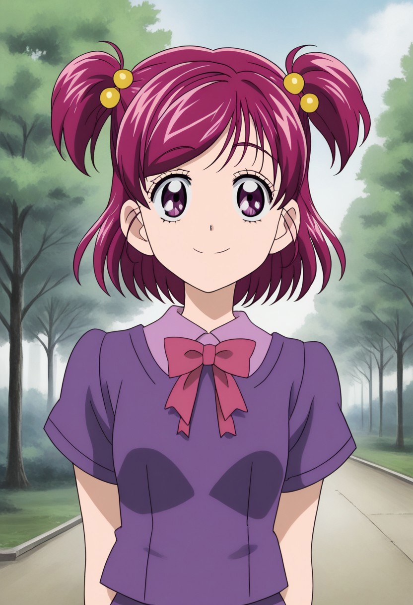 masterpiece_portrait, high quality, canvas, anime_art_style, 1girl, yumehara_nozomi, solo, hair_bobbles, two_side_up, smile,school_uniform,purple shirt, pink_eyes,short hair, hair_ornament, tree, bow, eyelashes, outdoors,purple shirt, frown, day,