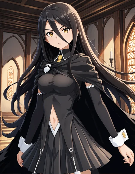 score_9, score_8_up, source_anime, 1girl, upper body, medium shot, detailed, pmmmrizhawkwood, rizmgc, black hair, long hair, yellow eyes, looking at viewer, black tunic, black detached sleeves, black cape, yellow tie, white brooch, white wrist cuffs, black pleated skirt, kunai, holding kunai, dynamic pose, wind, indoors, castle, (side view:0.6), <lora:pmmmrizhawkwood_XL:1>