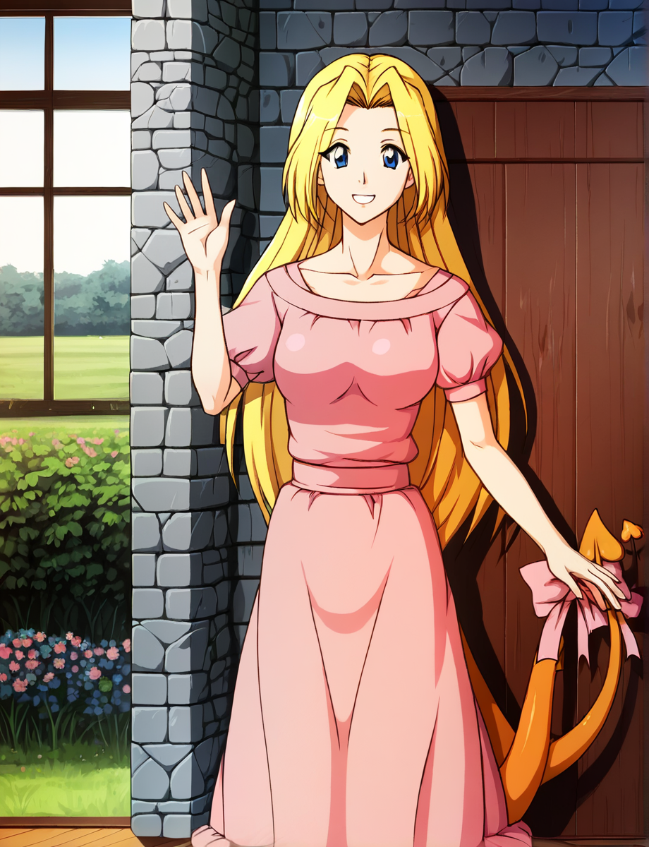 filiauc, 1girl,   long hair,  solo , <lora:FiliaUC-000012:1> ,  pink dress,  tail, tail ribbon,  waving, collarbone, waving, standing in doorway, grass, wood door, stone wall, window, flowers, cowboy shot, smile