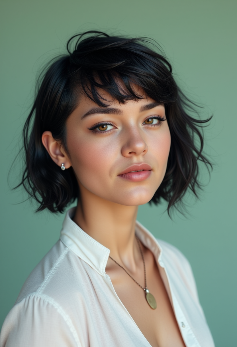 She is approximately 18 years old. Hyperrealism, she is looking at the camera, (dynamic angles), profile headshots of a beautiful, stunning unique female character.  she has dark hair. her eyes are filled with joy and excitement, extravagant eyelashes. a photo of M@risk@, she is wearing a white frilly shirt, and a necklace. The woman is posing confidently. simple sage green colored background. She has a slight smile on her face and is looking directly at the camera. making this image a masterpiece of photography and digital art. realistic. making this image a masterpiece of photography and digital art. Style: realistic hyper-detailed rendering, 32k UHD, expressive eyes, punk, graphic design, girl's face, pretty and cute, gleaming lips, telling a tale of adventure. Exuding confidence and serenity. The overall mood of the image is happy and relaxed,detailed skin texture,(blush:0.2),(goosebumps:0.3),subsurface scattering,whimsical,Detailed hand, Perfect hand. Perfection style.